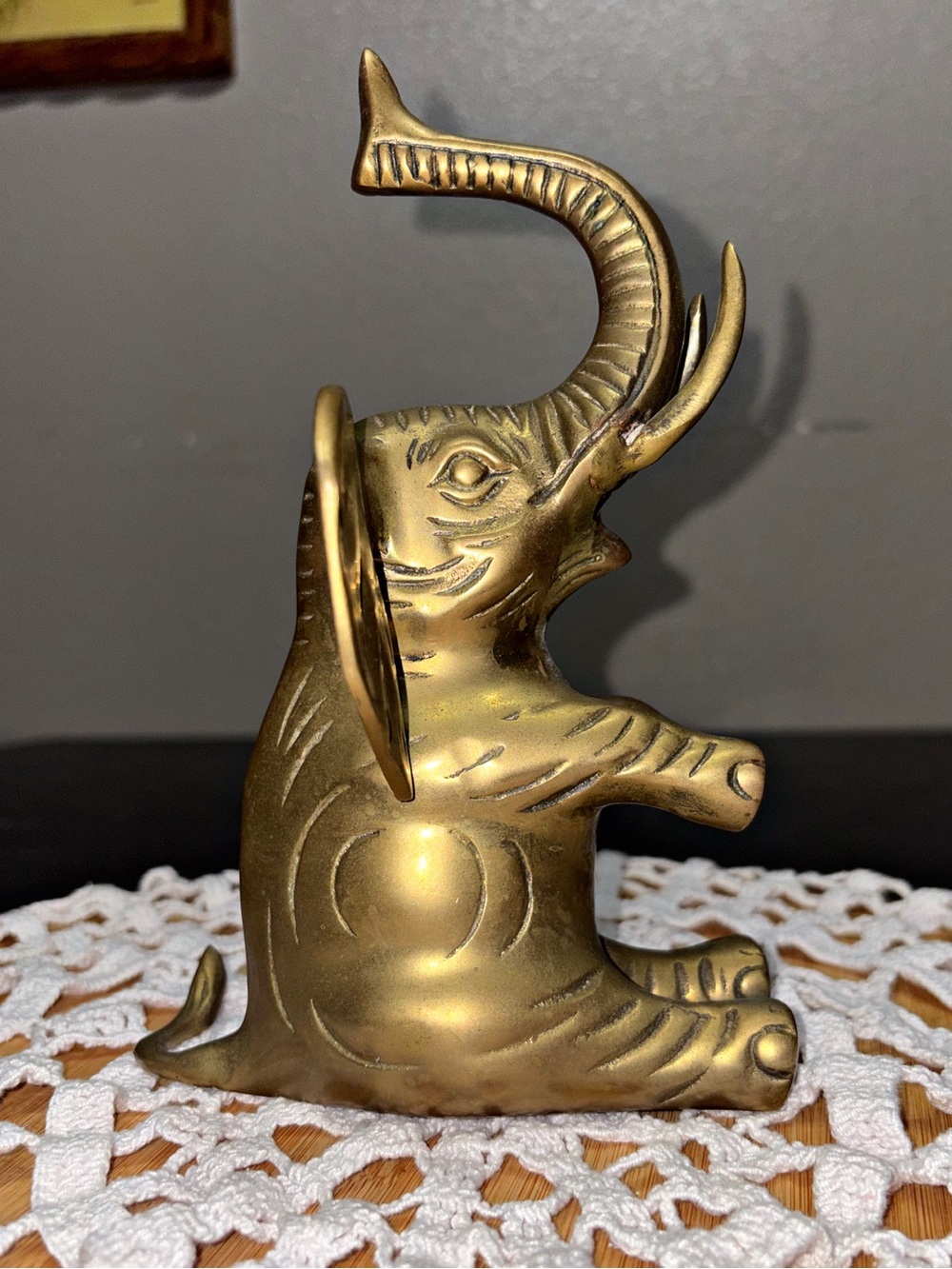 Solid Brass Sitting Elephant Figurine/ Lucky Trunk Up